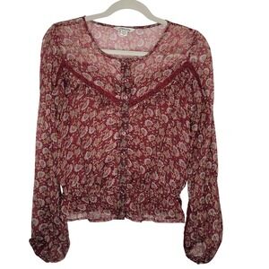 American Eagle Top Women's Medium Floral Sheer Long Sleeve Burgundy Boho Classy
